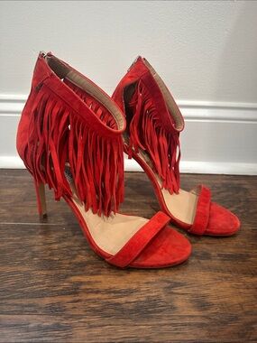 Steve Madden Red Fringe Suede High Heel Sandals - Women